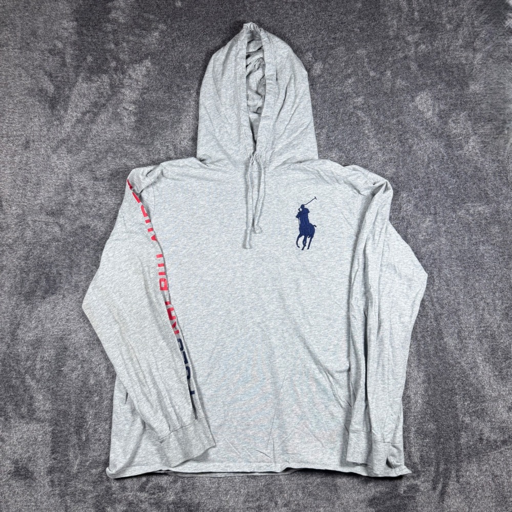Polo Ralph Lauren Mens XL Gray Big Pony Long Sleeve Hooded T-Shirt Graphic Tee